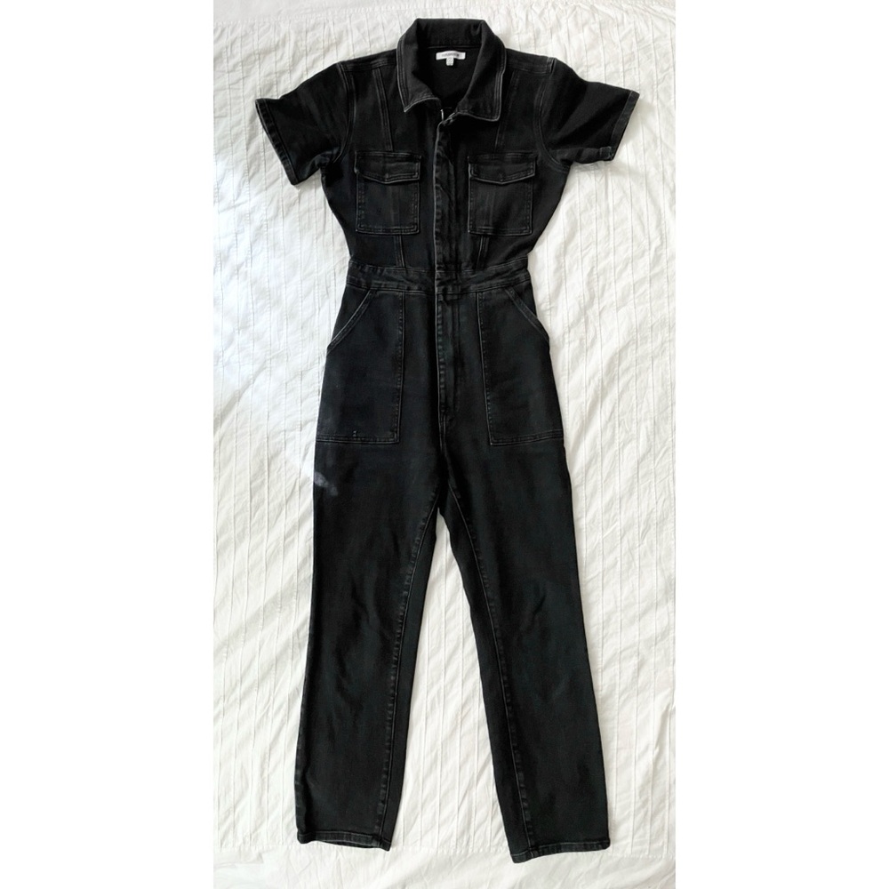 Good American Black Collared Short Sleeve Denim Slim Fit Jumpsuit Women’s 2